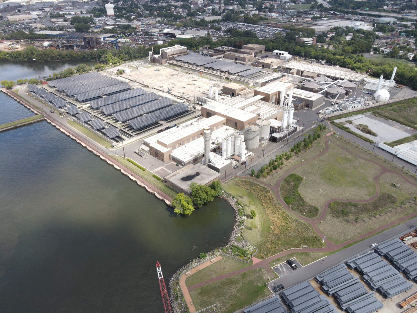 Aerial view CCMUA Delaware No. 1 facility with solar panels and green infrastructure Camden NJ